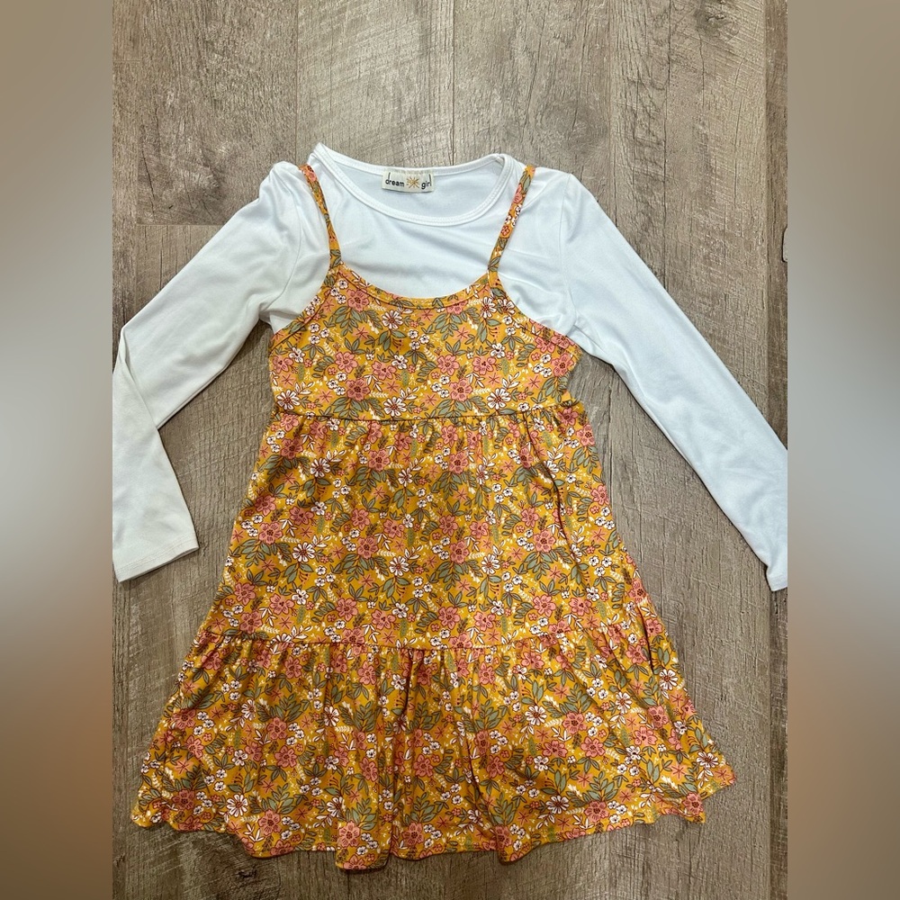 Dream Star Girls' Yellow Floral Tiered Sundress with White Long-Sleeve Tee